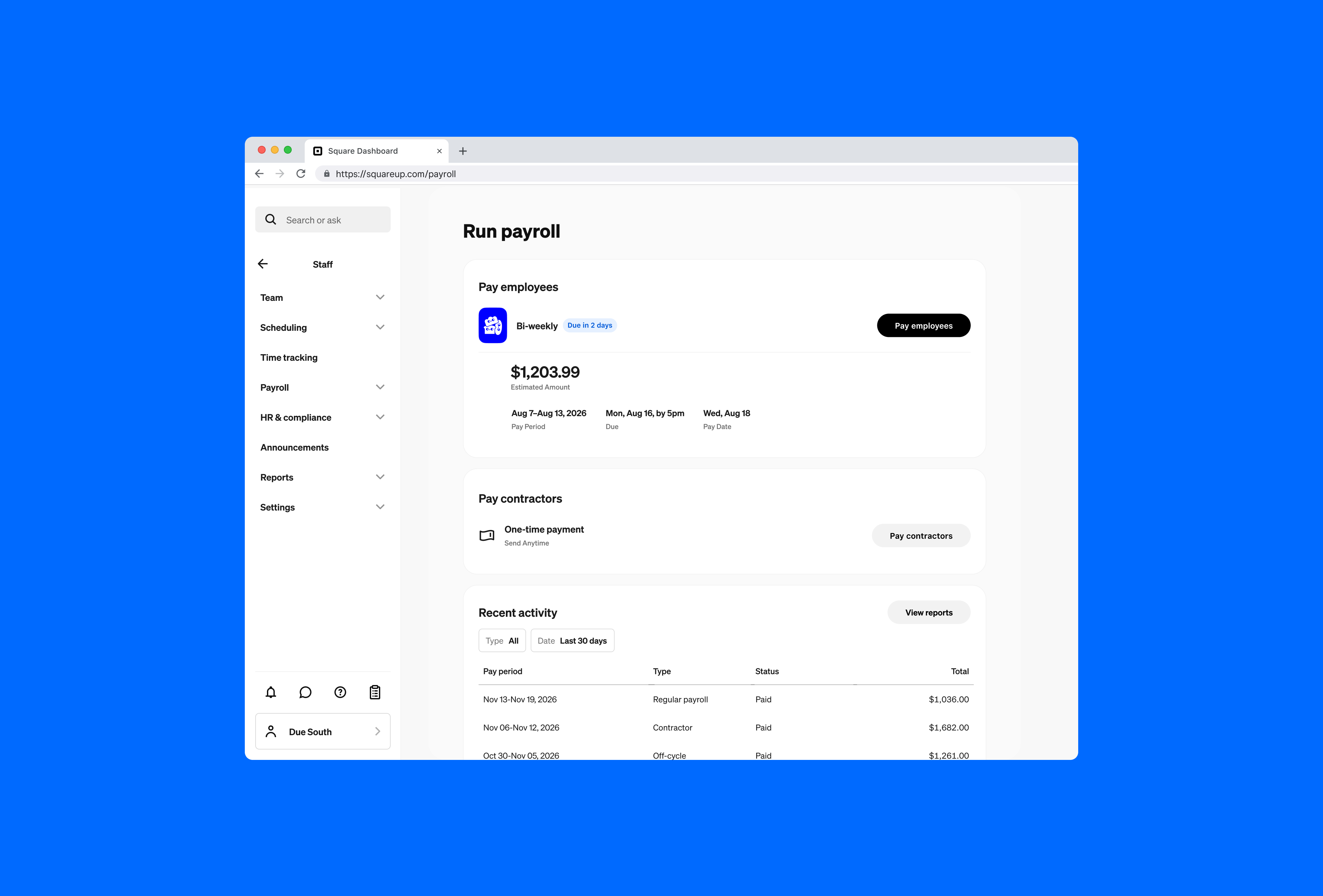 Square Payroll home